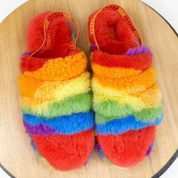 Ugg Fluff Yeah Faux Fur Rainbow Cali Collage Slide Sandals 6 Big Kid 8 Women - Picture 9 of 9